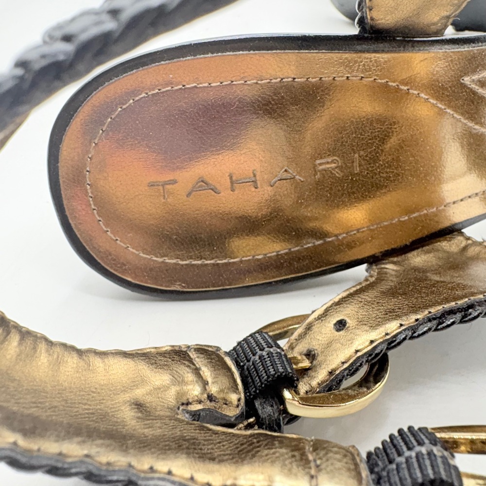Tahari Lexie Black Canvas Braided Trim Heeled Sandals Size 8.5‎ M Gold Buckle - Picture 9 of 12